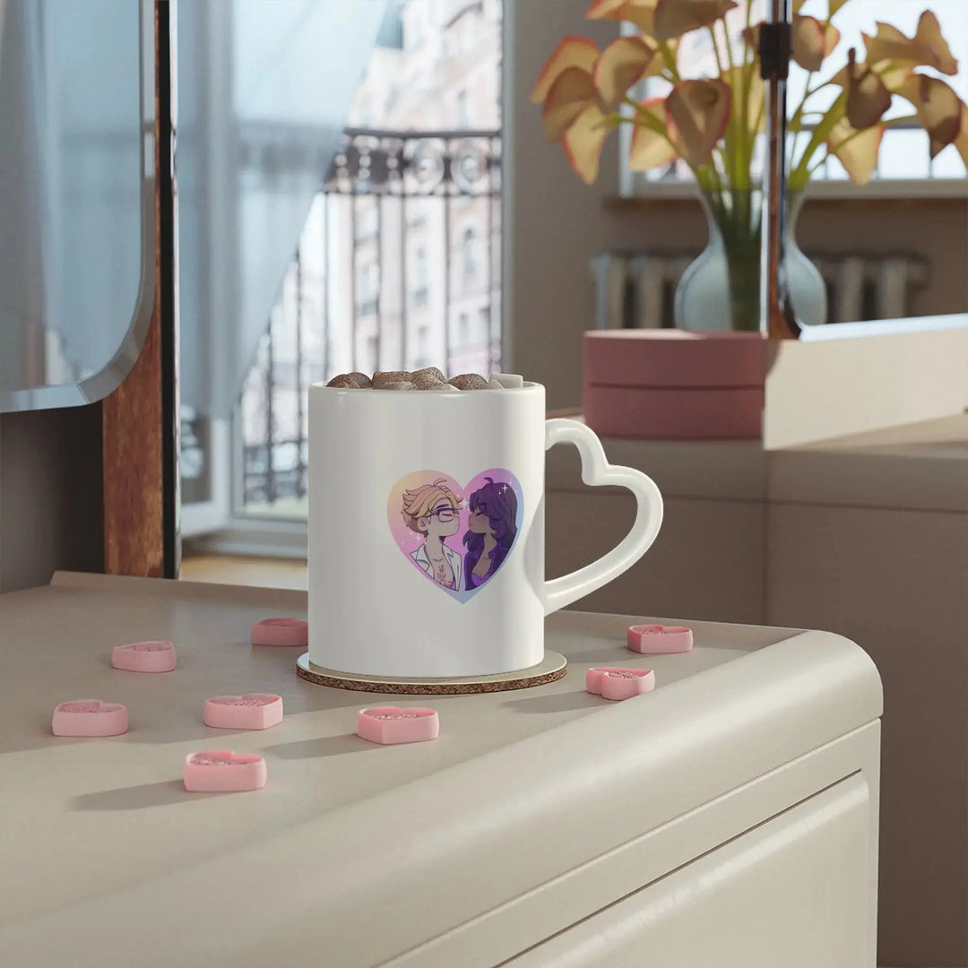 White mug with heart design on a surface with pink heart-shaped objects.