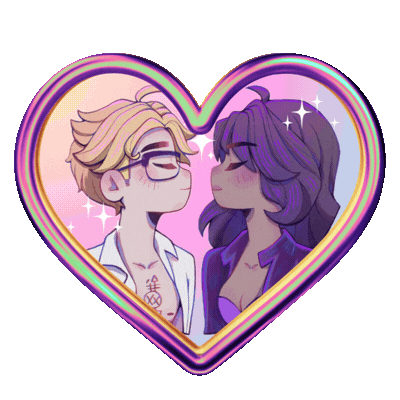 a heart shaped pin featuring chibi anime images that flicker between enemies and lovers