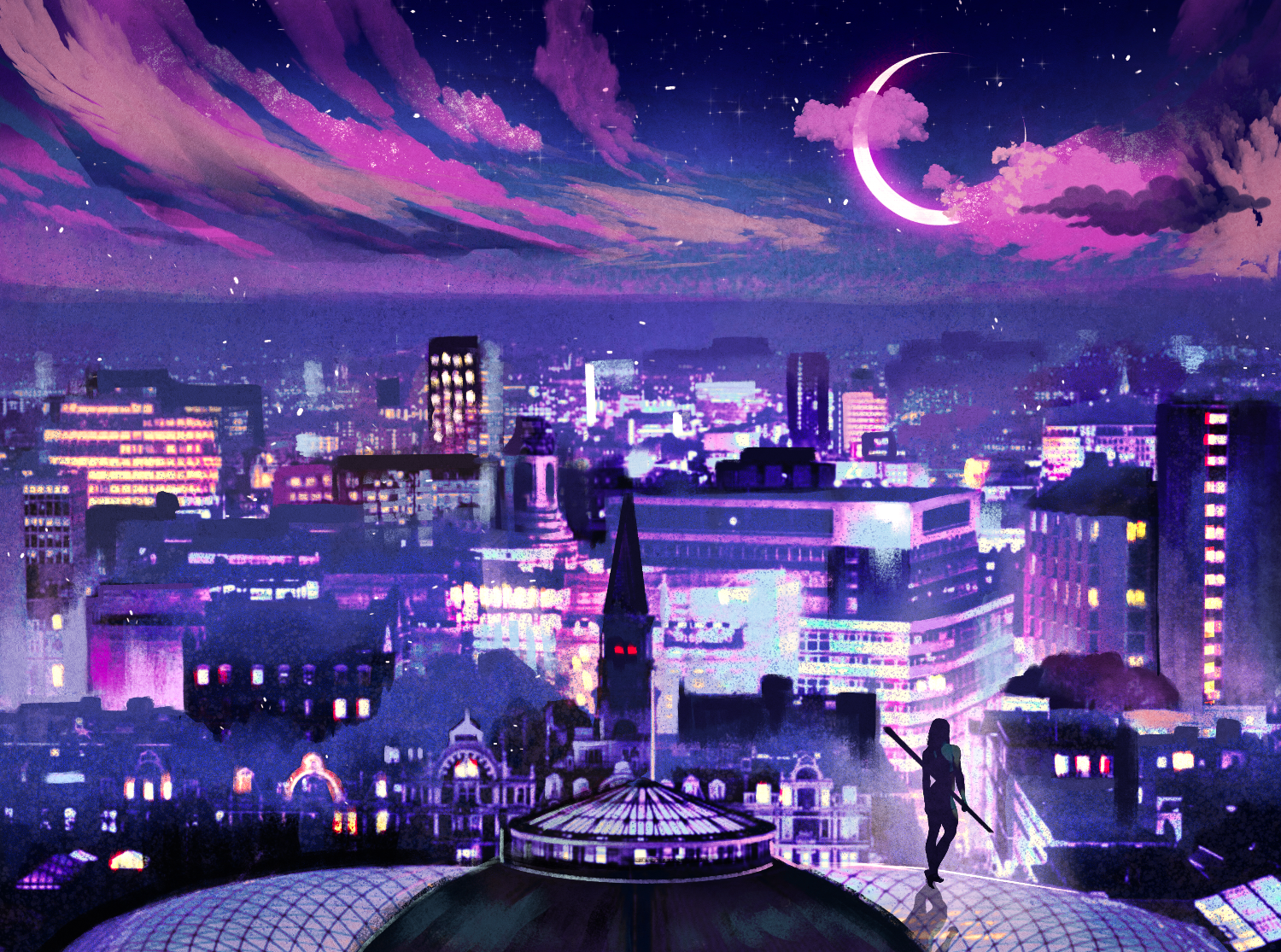 Futuristic cityscape with a person standing on a rooftop at night, under a pink crescent moon and starry sky.