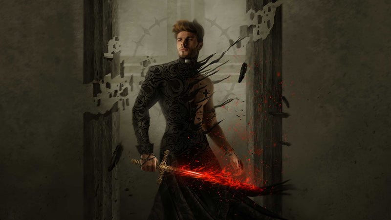 Book cover art of a priest holding a fiery sword by Carlos Quevedo for The Sinner and the Priest book by Lana Pecherczyk