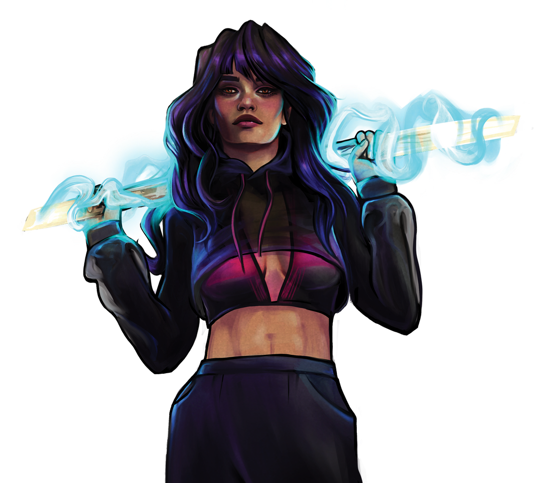 Illustrated demon hunter female character with glowing blue energy in a futuristic outfit on a white background