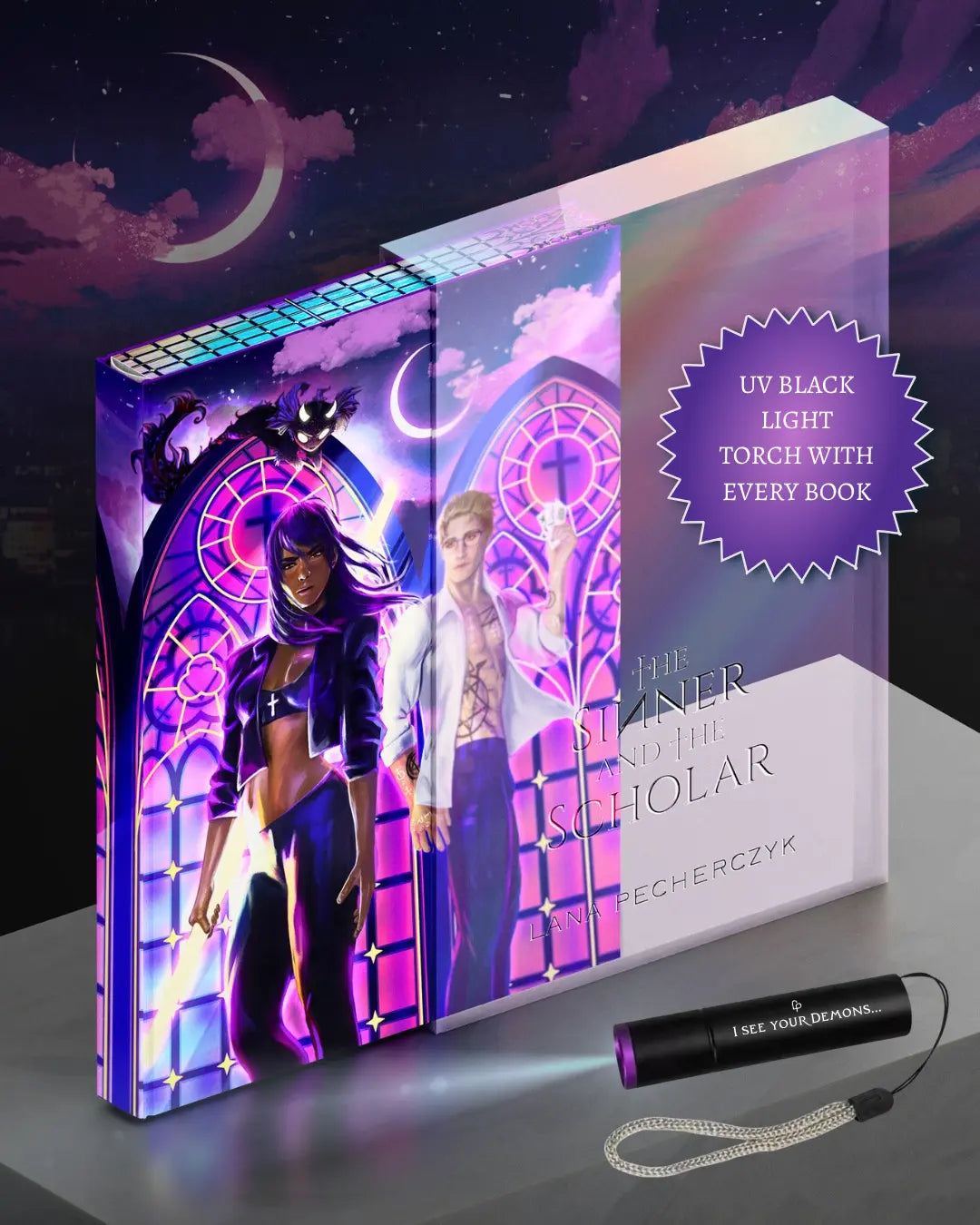 a colourful special edition of the sinner and the scholar featuring an acrylic slip case and torch