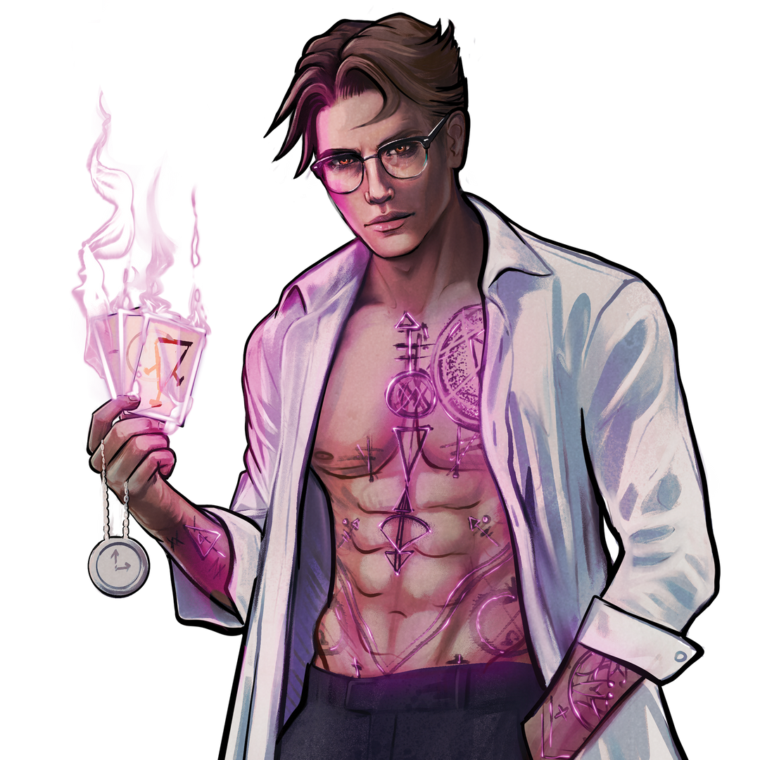 Character holding a glowing object on a white background