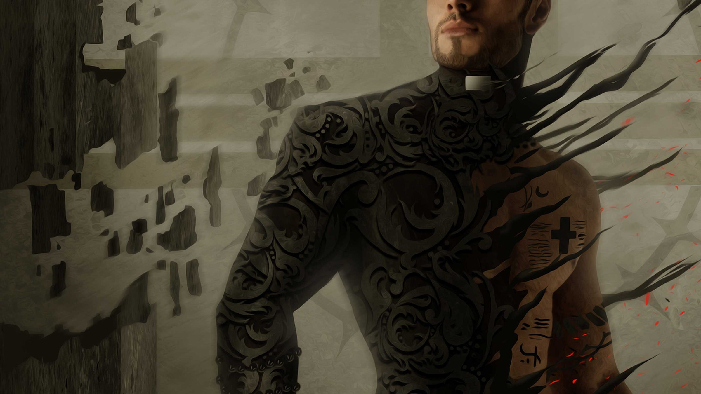 Priest with intricate black tattoos on his body against a textured wall.