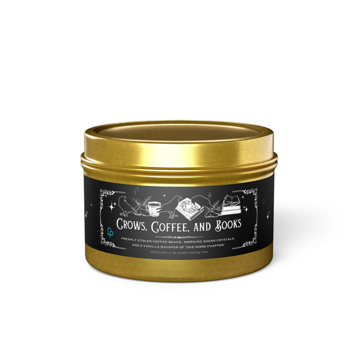 Print on Demand Candles 4oz / Gold "Crows, Coffee, and Books" Tin Candle